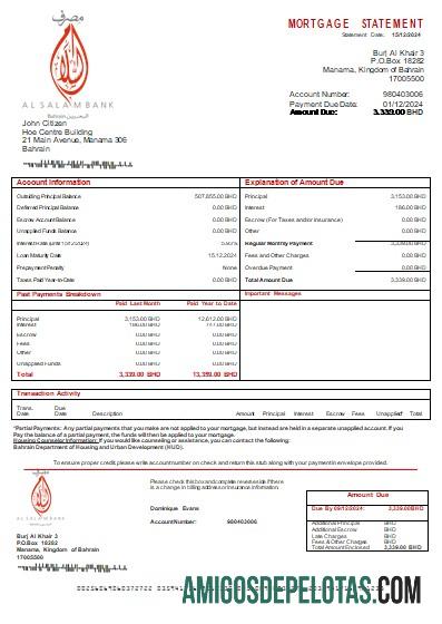 Declaração de hipoteca bancária do Bahrain Al Salam Bank amostra